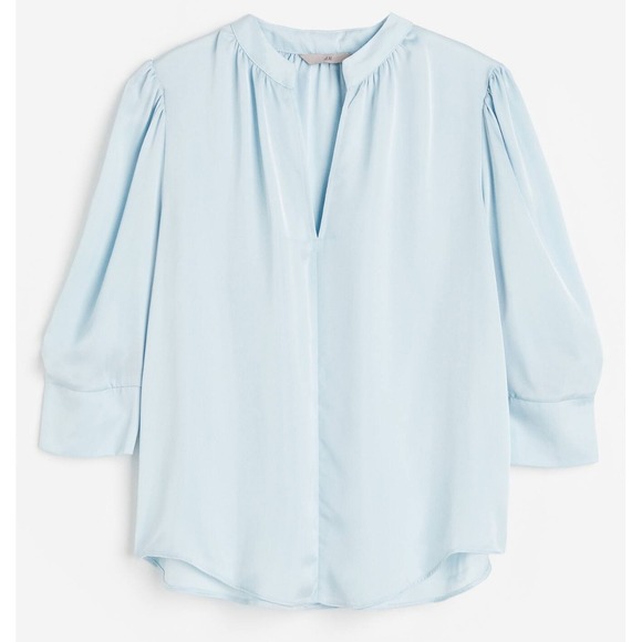 H&M Tops - H&M Blouse Light Blue Stand‎ Collar Puff Sleeve Polyester Pullover Top Size M